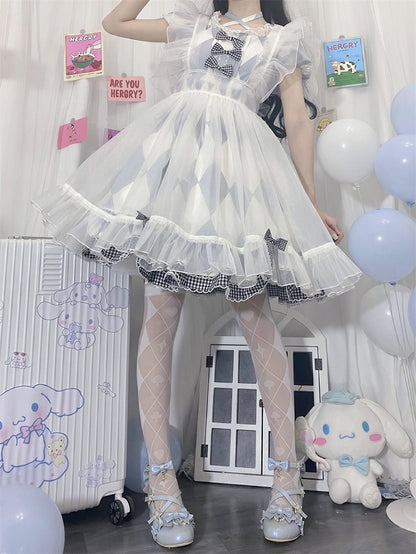 Black/White Diamond and Poker Pattern Alice in Wonderland Vibes Over Knee Stockings