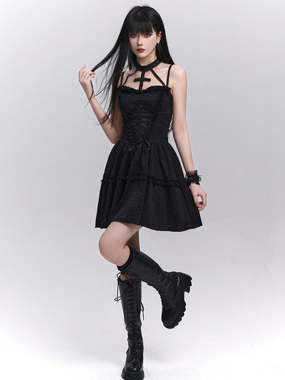 Gothic Black Lace-up Front Basque Waist Cross Halter Dress