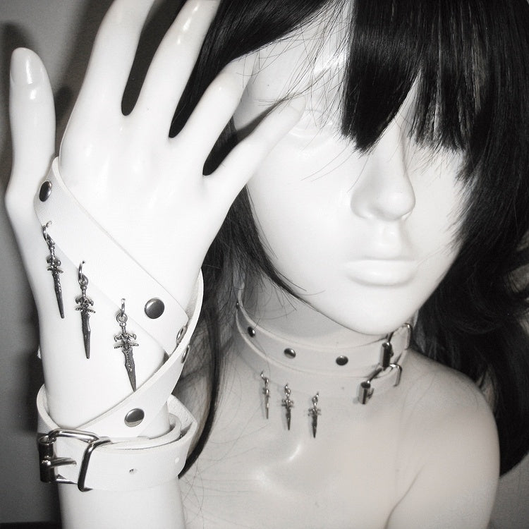 White Stud Detail Sword Pendant Punk Choker