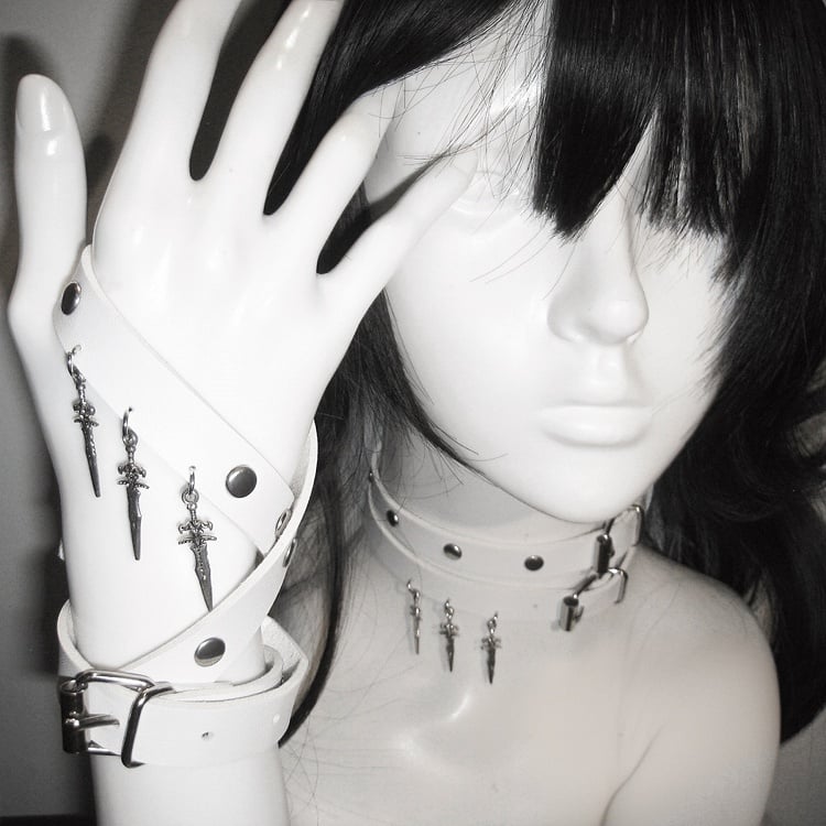 White Stud Detail Sword Charm Punk Bracelet