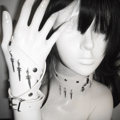 White Stud Detail Sword Pendant Punk Choker