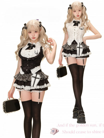 Gothic Black Tiered Skort with Lace Trim and Cross-Strap Accents