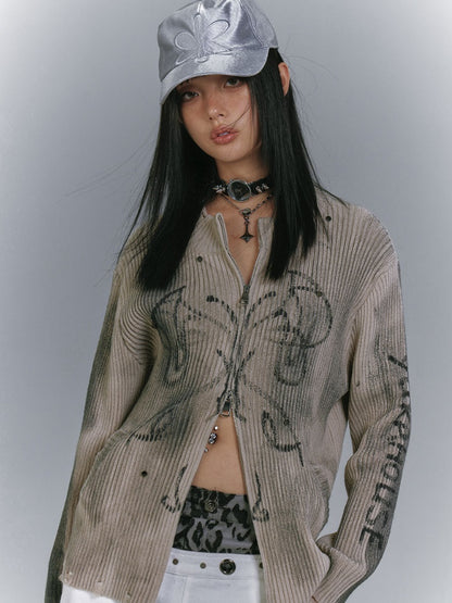 Wasteland Punk Khaki Two-Way Zip Placket Distressed Knitted Sweater
