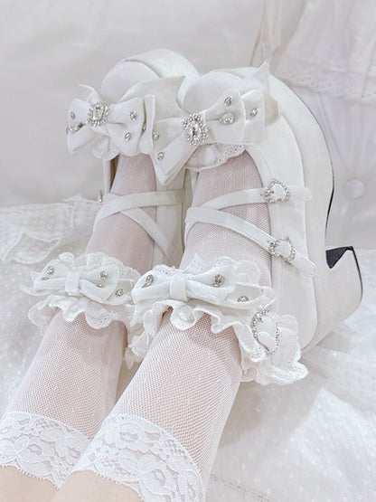 White Bittersweet Rhinestone Heart Details Cross Charm Ruffles Trim Platform Sneakers
