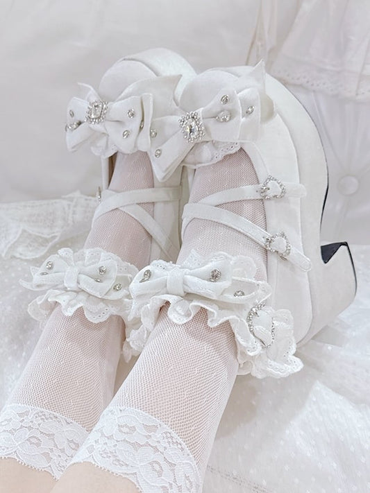 White Bittersweet Rhinestone Heart Details Cross Charm Ruffles Trim Platform Sneakers