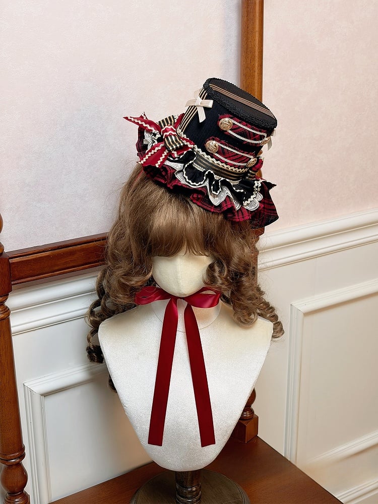 Black & Red Ruffled Lolita Mini Hat with Gold-tone Button and Bow Accents