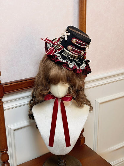 Black & Red Ruffled Lolita Mini Hat with Gold-tone Button and Bow Accents