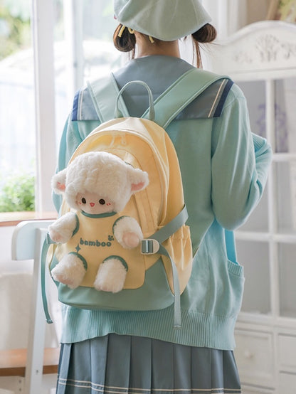 Yellow And Green Plush Backpack With A Detachable Lamb Plushie