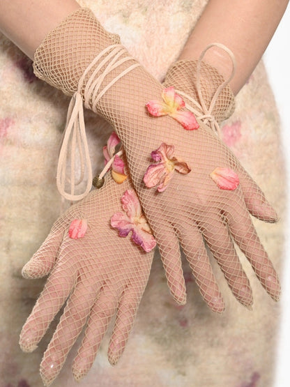 Apricot Floral Fairy Mesh Gloves