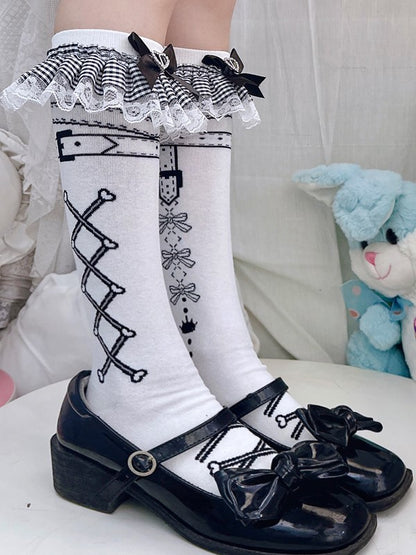 White Lolita Bowknot Print Underknee Stockings With Black Striped Ruffled Cuffs