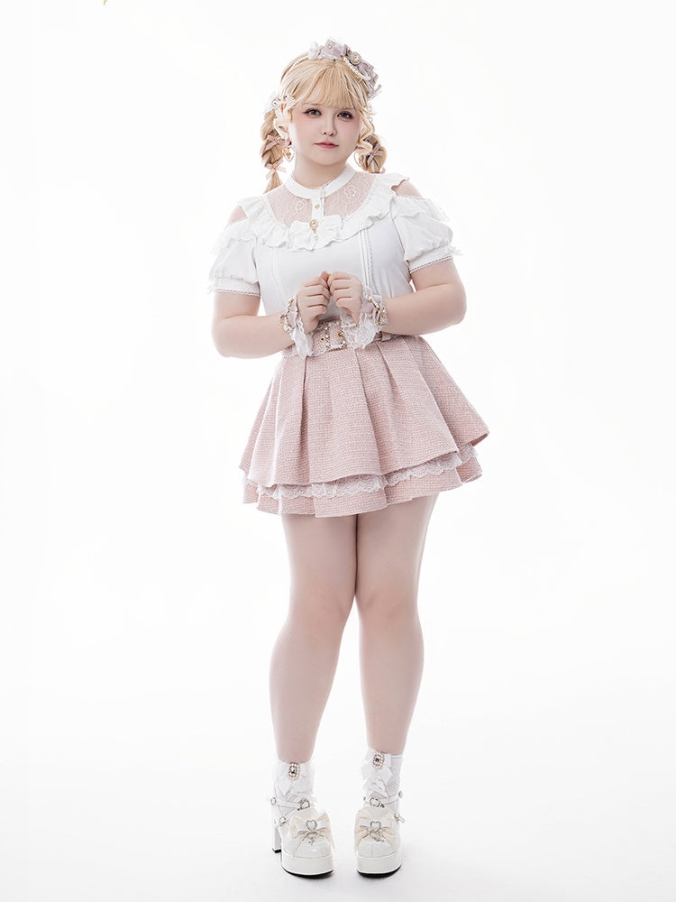 Jirai Kei White Illusion Neckline Cutout Shoulder Short Sleeve Blouse with Free Bowtie