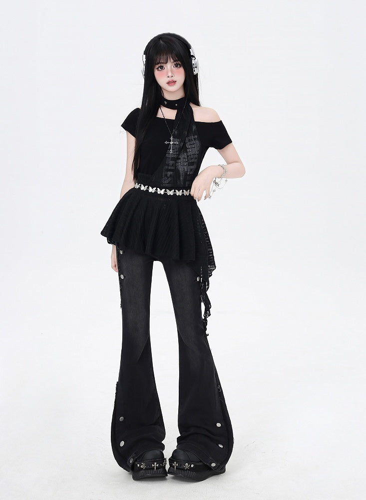 Black Raw Hem Vintage Glamorous Flared Jeans