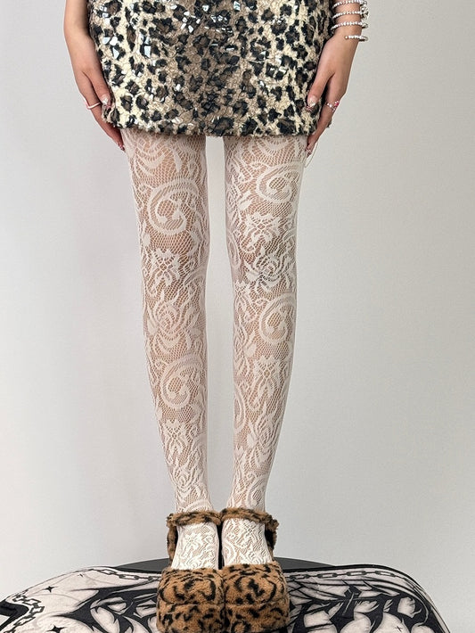 White/Black Hollow-out Design Floral Pattern Tights