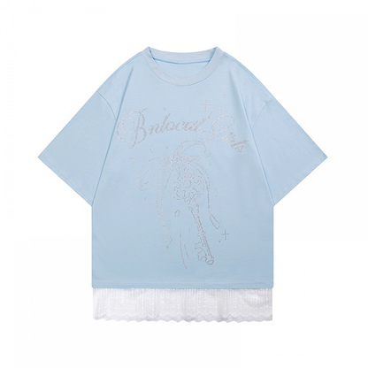 Bowknot and Key Rhinestones Lace Trim Blue Round Neck Loose T-shirt