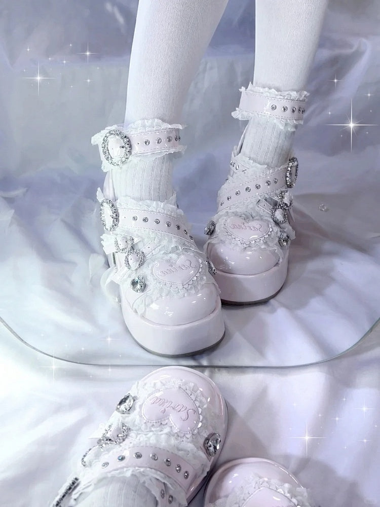 Jirai Kei Pink Platform Heels: Criss-Cross Buckle Straps with Lace & Rhinestone Decor - Chunky High Block Heel