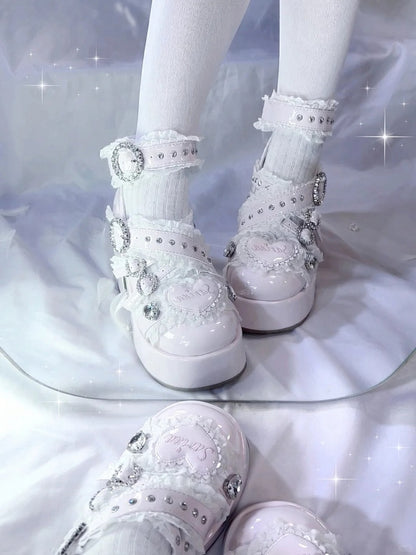 Jirai Kei Pink Platform Heels: Criss-Cross Buckle Straps with Lace & Rhinestone Decor - Chunky High Block Heel