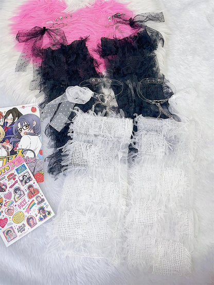 White/Black Y2K Tassels Leg Sleeves With Self-tie Strap Decorated Heart Garters