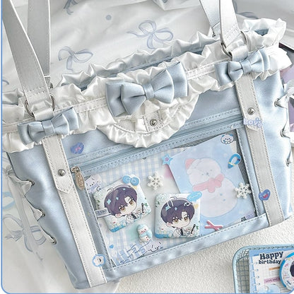 Blue&White Bowknot Details Ruffles Trim Lace-up Design Ita Bag