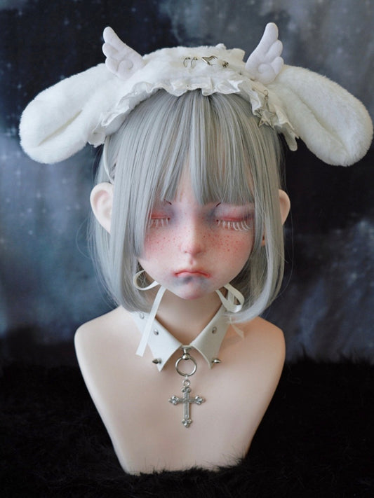 White Pins and Heart-shaped Ring Angel Wing Bunny Ears Ruffled Hairband