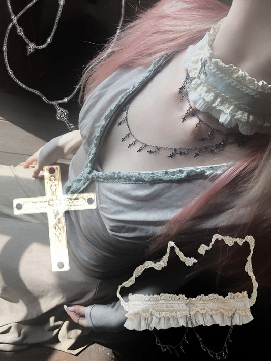 Beige Lace Ruffled Choker with Chain Cross Design