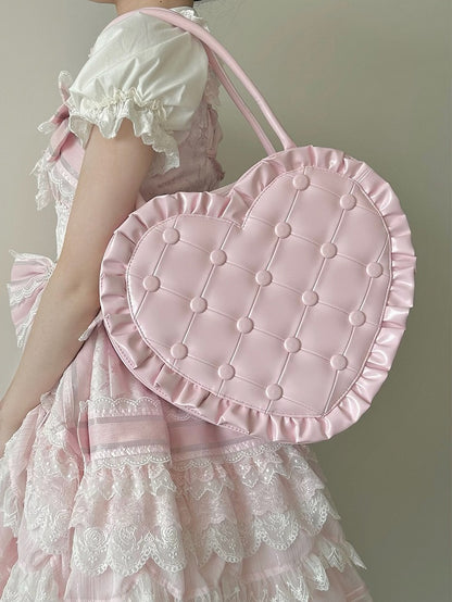 Pink Ruffle Trim Quilted Heart Bag – Elegant Lolita Style Handheld Purse