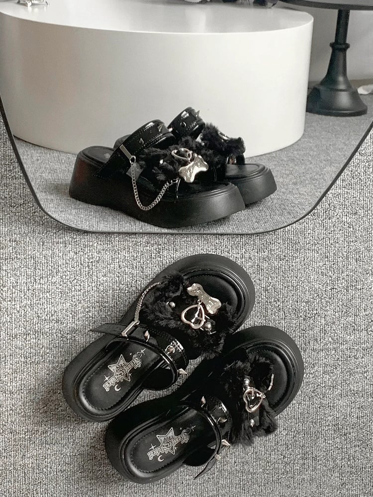 Bone Design Studs Decorated Black Punk Platform Slippers