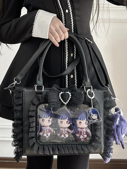 Jirai Kei Black Beaded Heart Decorated Bowknot Lace Trim Ita Bag with Free PVC Card Holder