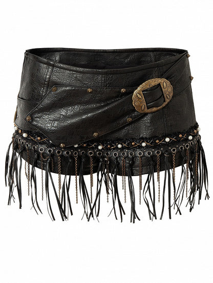 Black Wasteland Punk Beaded Decorated Tassel Hem Shorts