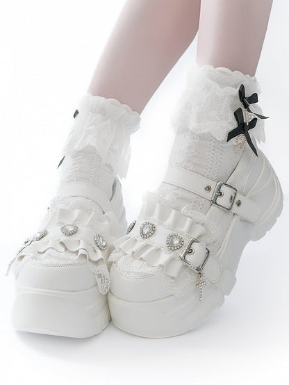 White Bittersweet Rhinestone Heart Details Cross Charm Ruffles Trim Platforms