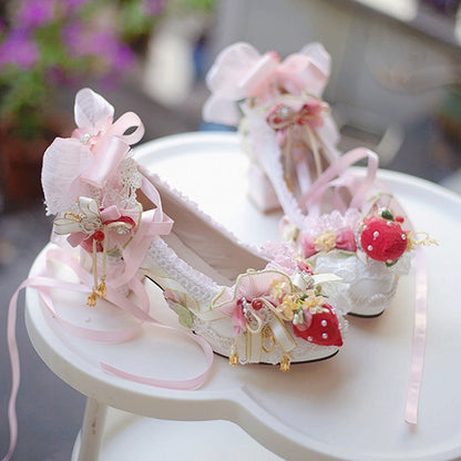 White&Pink Sweet Lolita Beaded And Strawberry Decorated Lace Trim 5CM/8.5CM Block Heels Shoes