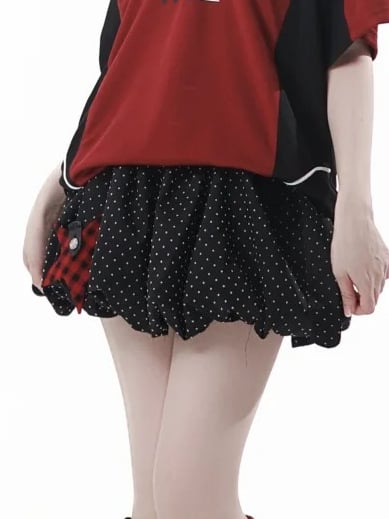 Red Plaid Star Applique Black Polka Dot Mini Bubble Skirt with Buckle Belt