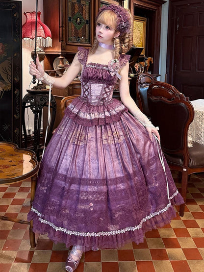 Purple Classic Lolita Boned Basque Waist Top + Oil Painting Print Overlay Skirt