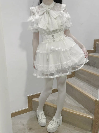 Clearance-Size M for Bust 90CM Jirai Kei White Illusion Neckline Tiered Ruffles Heart Buttons Short Sleeves Blouse with Big Bow