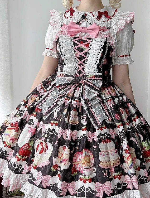 Bows and Strawberry Dessert Print Black Sweet Lolita Jumper Skirt