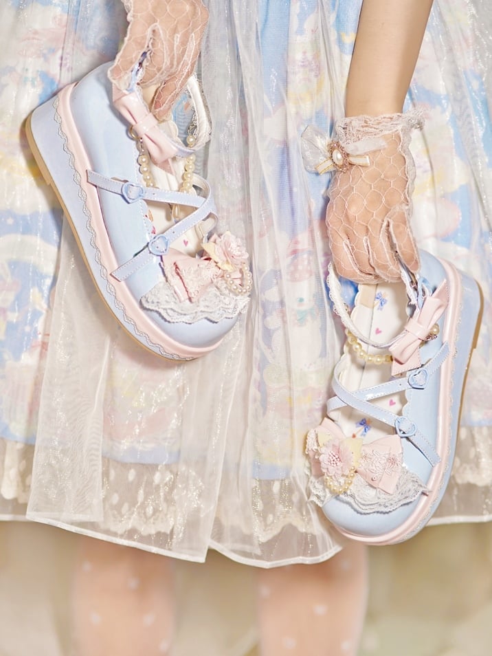 Blue Floral Design Bow at Top Lace Trim Heart Buckle Platforms With Detachable Beaded Chain