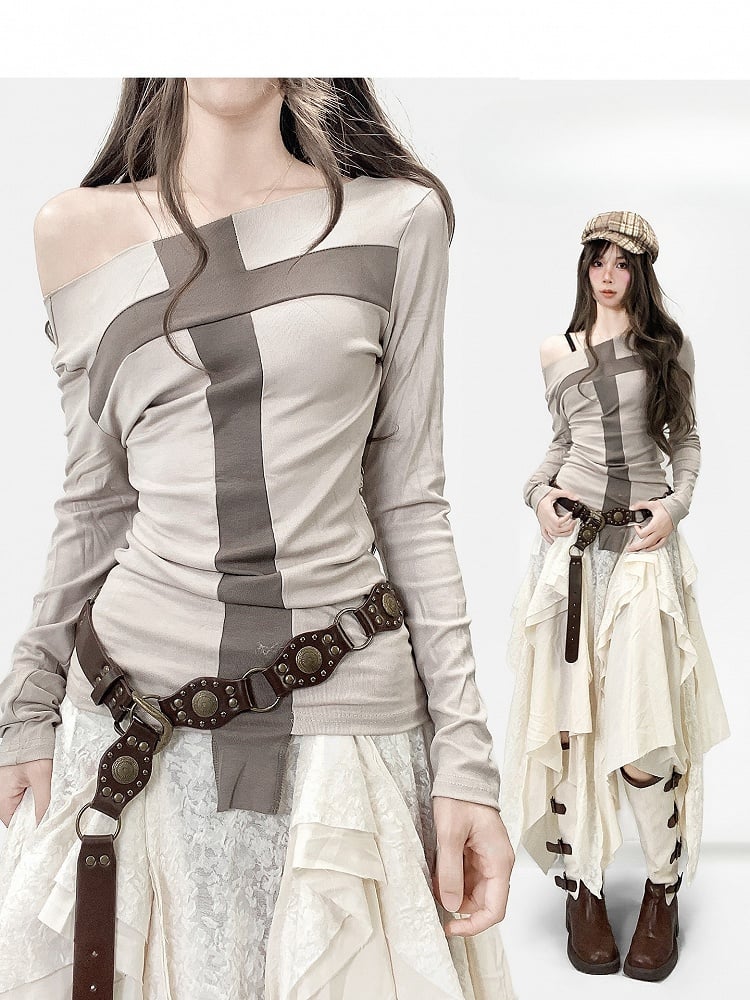 Apricot Cross Design Asymmetrical Neckline Long Sleeves Top