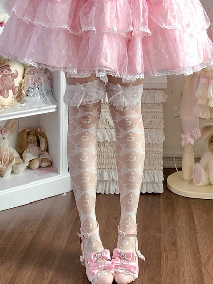 White Moon and Bowknots Pattern Lace Cuffs Sweet Lolita Underknee/Overknee Stockings
