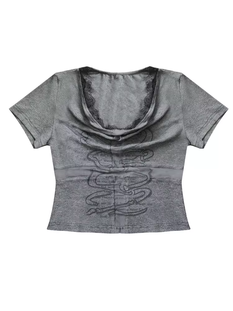 Dark Gray Cowl Neckline Cross Cutout Detail T-Shirt