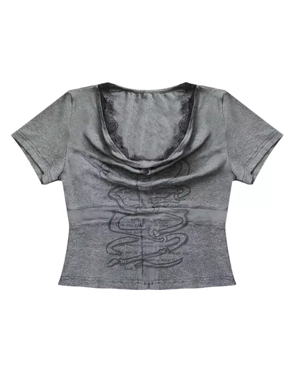 Dark Gray Cowl Neckline Cross Cutout Detail T-Shirt