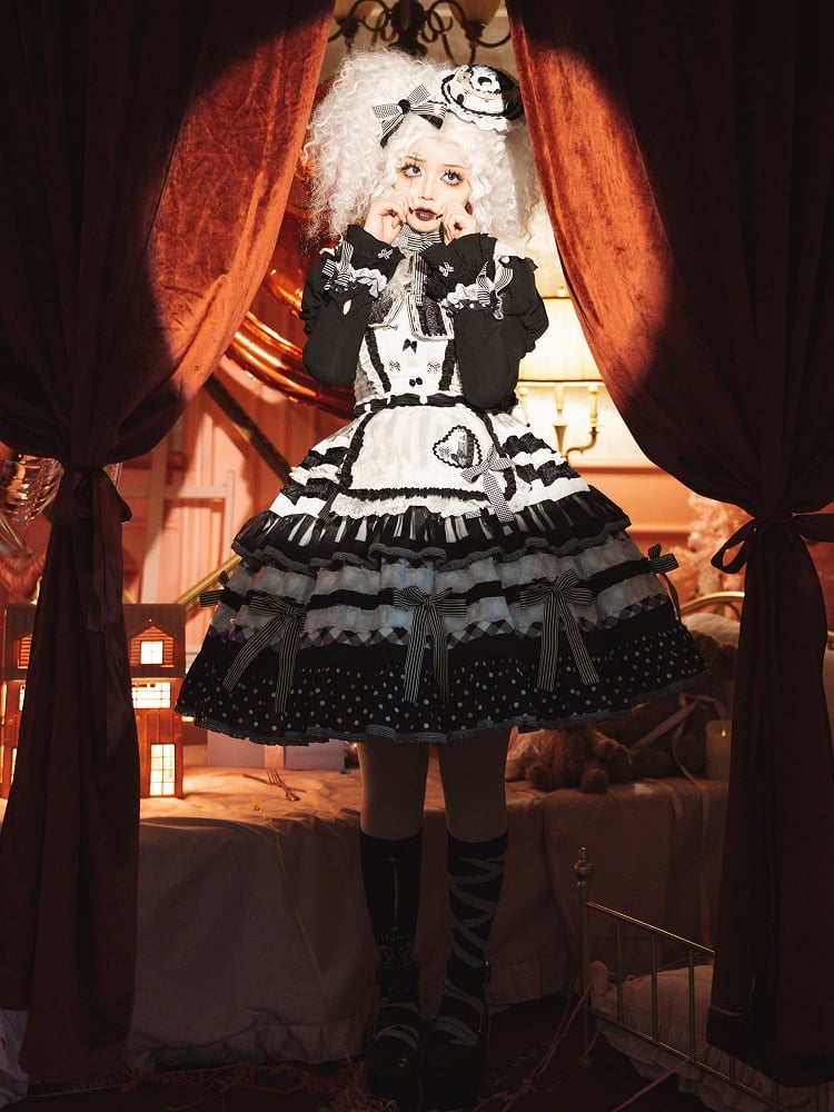 Black and White Oreo Cake Bow Accents Tiered Skirt Sweet Lolita Dress