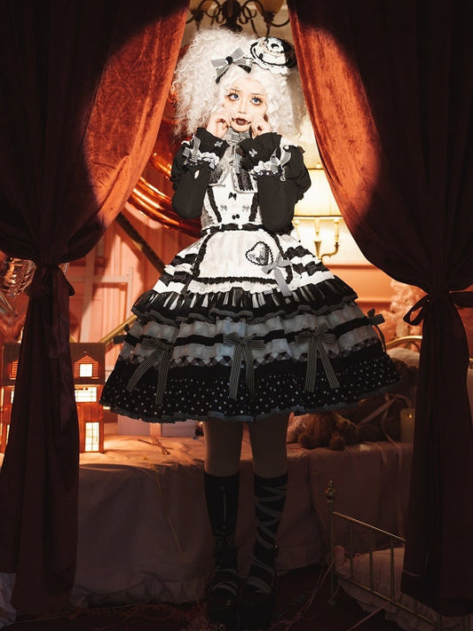 Black and White Oreo Cake Bow Accents Tiered Skirt Sweet Lolita JSK Full Set