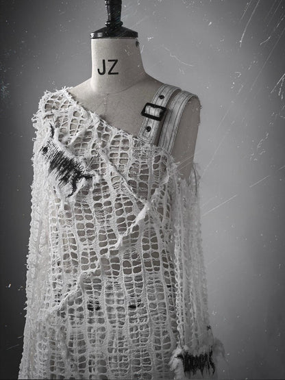 White Bell Sleeves Irregular Distressed Hallow Out Top