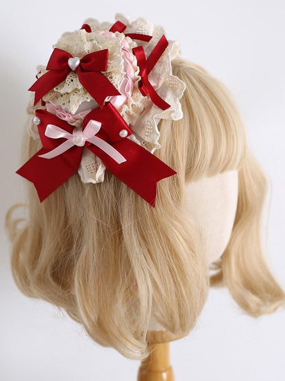 Red&Pink Sweet Lolita Beaded Decorated Bowknot Details Mini Hat