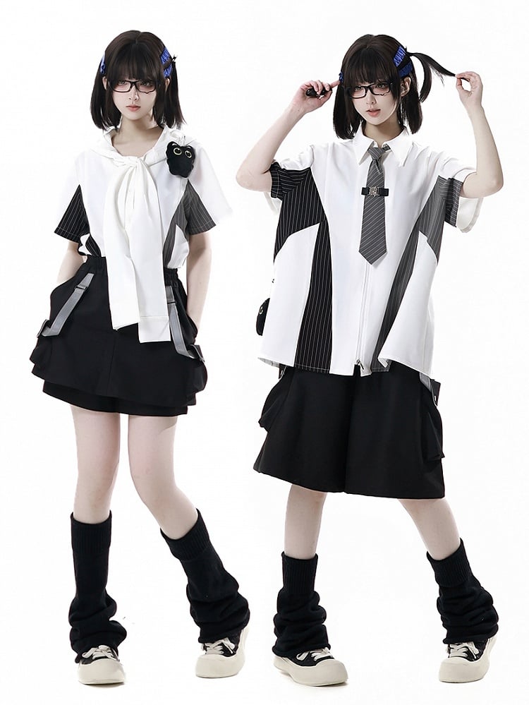 Black and Gray Striped Colorblock Design Techwear Necktie Design Hooded Shirt with Kitty Plushie