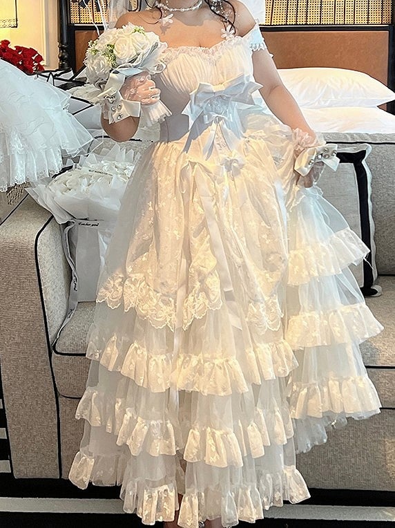 White Layered Ruffles Lace Shiro Lolita Dress with Bow Accents