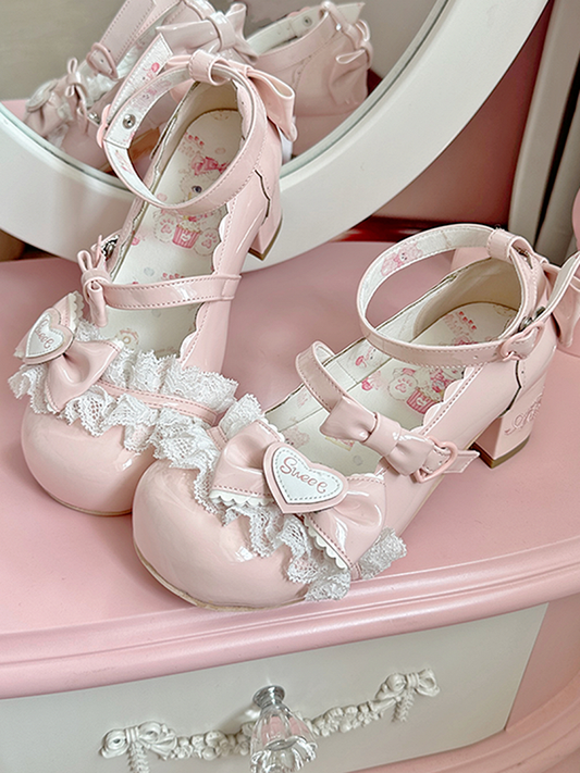 Light Pink Bow Accents Lace Trim Sweet Lolita Block Heel Mary Janes