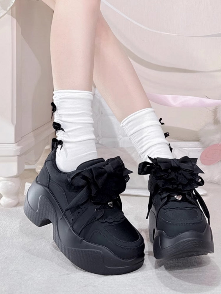 Black Jirai Kei Detachable Bowknot Lace Trim Front Lace-up Ties Sneakers