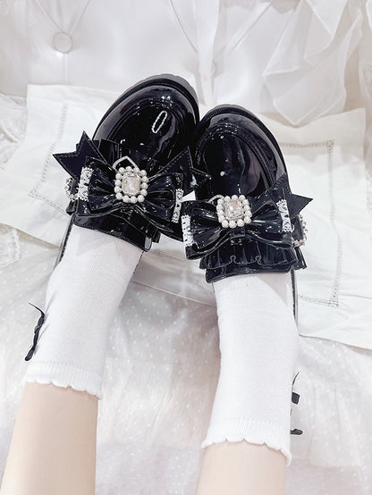 Polished Black Jirai Kei 7.5cm Loafers - Rhinestone And Beads Decor Detachable Bow with Ruffle Trim & Slip-On Design