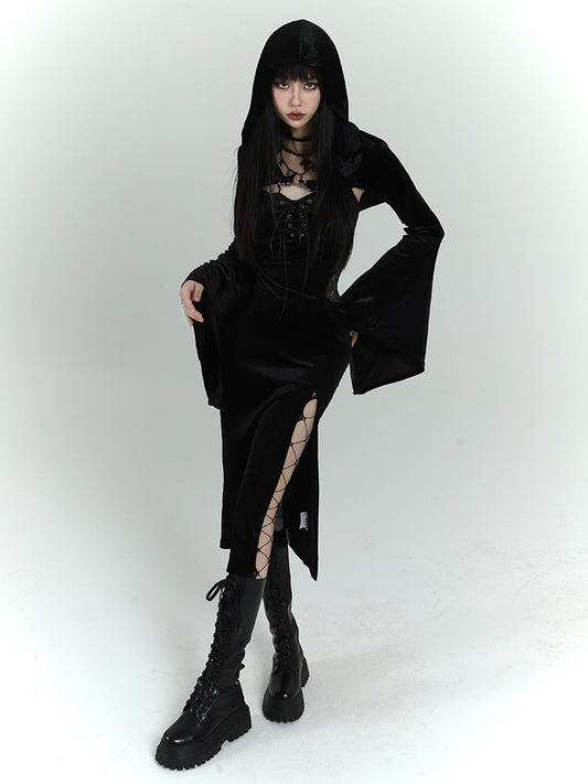 Gothic Black Velvet Lace-up Detail Cami Dress+Bell Sleeves Hooded Shrug Set