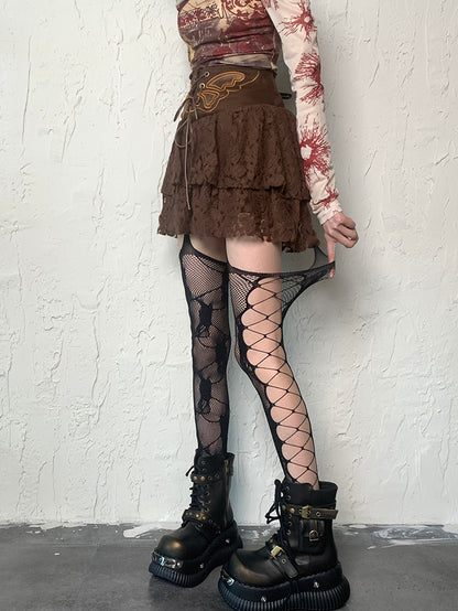 Black/White/Pink/Red/Gray Fishnet Design Cut-out Details Suspender Stockings